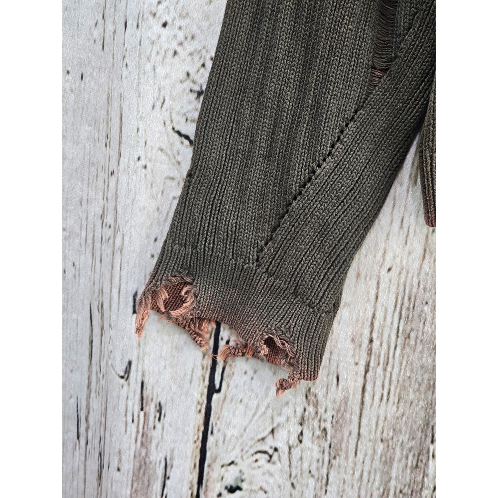 Zara Distressed Ribbed Knit Sweater Mens S-M Olive Brown Frayed Hem Streetwear - Picture 3 of 12